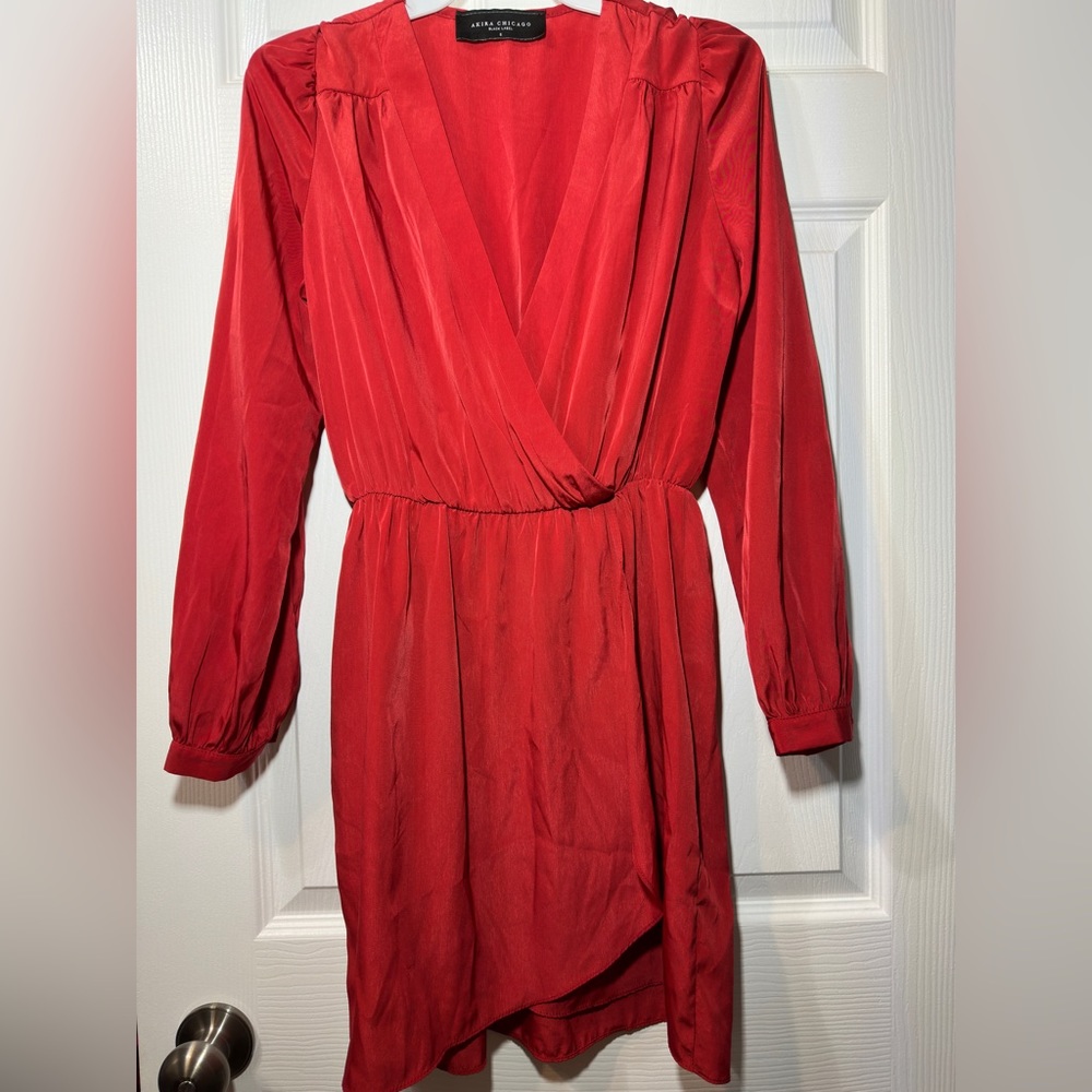 Akira Chicago Black Label Womens Red Long Sleeve Short Casual Cocktail Dress S‎